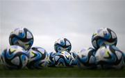 17 February 2023; A general view of the OCEAUNZ footballs, the official match ball of the FIFA Women's World Cup 2023, before a behind closed doors training match between Republic of Ireland and Germany at Marbella Football Centre in Marbella, Spain. Photo by Stephen McCarthy/Sportsfile