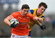 19 February 2023; Paddy Burns of Armagh in action against Dylan Ruane of Roscommon during the Allianz Football League Division One match between Roscommon and Armagh at Dr Hyde Park in Roscommon. Photo by Harry Murphy/Sportsfile