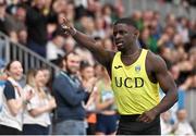 19 February 2023; Israel Olatunde of UCD AC, Dublin,celebrates after winning the senior men's 60m final in a national record time of 6.57 during day two of the 123.ie National Senior Indoor Championships at National Indoor Arena in Dublin. Photo by Sam Barnes/Sportsfile