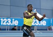 19 February 2023; Israel Olatunde of UCD AC, Dublin, celebrates after winning the senior men's 60m final in a national record time of 6.57 during day two of the 123.ie National Senior Indoor Championships at National Indoor Arena in Dublin. Photo by Sam Barnes/Sportsfile