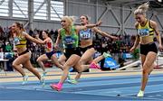 19 February 2023; Sarah Leahy of Killarney Valley AC, Kerry, centre, on her way to winning the senior women's 60m, ahead of Joan Healy of Leevale AC, Cork, far left, who finished second, and Lucy-May Sleeman of Leevale AC, Cork, far right, who finished third, during day two of the 123.ie National Senior Indoor Championships at National Indoor Arena in Dublin. Photo by Sam Barnes/Sportsfile