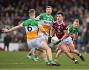 19 February 2023; Jonathan Lynam of Westmeath in action against Peter Cunningham and Cian Donohoe of Offaly during the Allianz Football League Division Three match between Westmeath and Offaly at TEG Cusack Park in Mullingar, Westmeath. Photo by Stephen Marken/Sportsfile