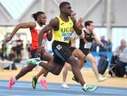 19 February 2023; Israel Olatunde of UCD AC, Dublin, on his way to winning the senior men's 60m Final during day two of the 123.ie National Senior Indoor Championships at National Indoor Arena in Dublin. Photo by Tyler Miller/Sportsfile