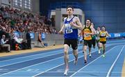 19 February 2023; Mark English of Finn Valley AC, Donegal, crosses the line to win the senior men's 800m during day two of the 123.ie National Senior Indoor Championships at National Indoor Arena in Dublin. Photo by Sam Barnes/Sportsfile