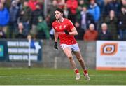 19 February 2023; Daire McConnon of Louth after kicking a point during the Allianz Football League Division Two match between Louth and Limerick at Páirc Mhuire in Ardee, Louth. Photo by Ben McShane/Sportsfile