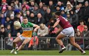 19 February 2023; Anton Sullivan of Offaly in action against Conor McCormack of Westmeath of Westmeath during the Allianz Football League Division Three match between Westmeath and Offaly at TEG Cusack Park in Mullingar, Westmeath. Photo by Stephen Marken/Sportsfile
