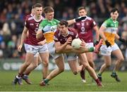 19 February 2023; Sam Duncan of Westmeath in action against Jack McEvoy of Offaly during the Allianz Football League Division Three match between Westmeath and Offaly at TEG Cusack Park in Mullingar, Westmeath. Photo by Stephen Marken/Sportsfile