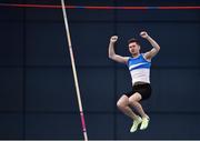 19 February 2023; Matthew Callinan Keenan of St Laurence O'Toole AC, Carlow, celebrates a clearance on his way to winning the senior men's Pole Vault during day two of the 123.ie National Senior Indoor Championships at National Indoor Arena in Dublin. Photo by Sam Barnes/Sportsfile