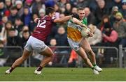 19 February 2023; Anton Sullivan of Offaly in action against Conor McCormack of Westmeath during the Allianz Football League Division Three match between Westmeath and Offaly at TEG Cusack Park in Mullingar, Westmeath. Photo by Stephen Marken/Sportsfile