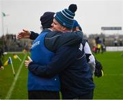 19 February 2023; Roscommon manager Davy Burke embraces team doctor Martin Daly after their side's victory in the Allianz Football League Division One match between Roscommon and Armagh at Dr Hyde Park in Roscommon. Photo by Harry Murphy/Sportsfile