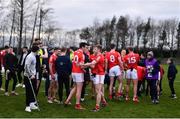 19 February 2023; Louth players and staff celebrate after their victory in the Allianz Football League Division Two match between Louth and Limerick at Páirc Mhuire in Ardee, Louth. Photo by Ben McShane/Sportsfile