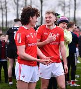 19 February 2023; Louth players, including Ciaran Murphy, left, and Leonard Grey of Louth celebrate after their side's victory in the Allianz Football League Division Two match between Louth and Limerick at Páirc Mhuire in Ardee, Louth. Photo by Ben McShane/Sportsfile