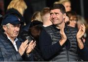 19 February 2023; Former Republic of Ireland International Niall Quinn and Michael Lowry TD, left, in attendance at the Dillon Quirke Foundation Hurling Challenge match between Tipperary and Kilkenny at FBD Semple Stadium in Thurles, Tipperary. Photo by Piaras Ó Mídheach/Sportsfile