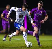 17 February 2023; Dean McMenamy of Waterford in action against Aaron Robinson of Wexford during the SSE Airtricity Men's First Division match between Wexford and Waterford at Ferrycarrig Park in Wexford. Photo by Matt Browne/Sportsfile
