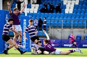 20 February 2023; Daniel Baugh of Clongowes Wood College, 11, celebrates after scoring his side's first try with teammates during the Bank of Ireland Schools Senior Cup First Round replay match between Terenure College and Clongowes Wood College at Energia Park in Dublin. Photo by Harry Murphy/Sportsfile