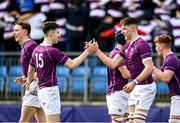 20 February 2023; Padraic Spillane, left, and Blayze Molloy of Clongowes Wood College celebrates their side's second try during the Bank of Ireland Schools Senior Cup First Round replay match between Terenure College and Clongowes Wood College at Energia Park in Dublin. Photo by Harry Murphy/Sportsfile