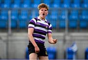 20 February 2023; Caspar Gabriel-Lorin of Terenure College celebrates after scoring his side's second try during the Bank of Ireland Schools Senior Cup First Round replay match between Terenure College and Clongowes Wood College at Energia Park in Dublin. Photo by Harry Murphy/Sportsfile