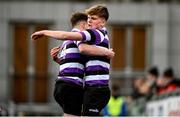 20 February 2023; Caspar Gabriel-Lorin of Terenure College celebrates with teammate Paddy Curry after scoring his side's second try during the Bank of Ireland Schools Senior Cup First Round replay match between Terenure College and Clongowes Wood College at Energia Park in Dublin. Photo by Harry Murphy/Sportsfile