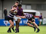 20 February 2023; Keith Byrne of Terenure College is tackled by Callum McDonald and Padraic Spillane of Clongowes Wood College during the Bank of Ireland Schools Senior Cup First Round replay match between Terenure College and Clongowes Wood College at Energia Park in Dublin. Photo by Harry Murphy/Sportsfile