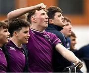 20 February 2023; Matthew Roche-Nagle of Clongowes Wood College, centre, after his side's victory in the Bank of Ireland Schools Senior Cup First Round replay match between Terenure College and Clongowes Wood College at Energia Park in Dublin. Photo by Harry Murphy/Sportsfile