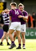 20 February 2023; James Wyse, right, and Max Doyle of Clongowes Wood College after their side's victory in the Bank of Ireland Schools Senior Cup First Round replay match between Terenure College and Clongowes Wood College at Energia Park in Dublin. Photo by Harry Murphy/Sportsfile