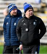 19 February 2023; Monaghan selector Gabriel Bannigan, right, and Monaghan manager Vinny Corey during the Allianz Football League Division One match between Monaghan and Donegal at St Tiernach's Park in Clones, Monaghan. Photo by Ramsey Cardy/Sportsfile