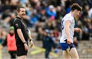 19 February 2023; Stephen O'Hanlon of Monaghan shares a joke with Referee Noel Mooney during the Allianz Football League Division One match between Monaghan and Donegal at St Tiernach's Park in Clones, Monaghan. Photo by Ramsey Cardy/Sportsfile