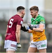 19 February 2023; James Dolan of Westmeath in action against Cian Donohoe of Offaly during the Allianz Football League Division Three match between Westmeath and Offaly at TEG Cusack Park in Mullingar, Westmeath. Photo by Stephen Marken/Sportsfile