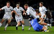 18 February 2023; Ross Moriarty of Dragons is tackled by John McKee, left, and Ross Molony of Leinster during the United Rugby Championship match between Leinster and Dragons at RDS Arena in Dublin. Photo by Tyler Miller/Sportsfile