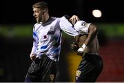 18 February 2023; Frantz Pierrot of Athlone Town, right, celebrates after scoring his side's third goal with teammate Donal Curtin during the SSE Airtricity Men's First Division match between Longford Town and Athlone Town at Bishopsgate in Longford. Photo by Michael P Ryan/Sportsfile