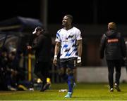 18 February 2023; Frantz Pierrot of Athlone Town leaves the field after receiving a second yellow card during the SSE Airtricity Men's First Division match between Longford Town and Athlone Town at Bishopsgate in Longford. Photo by Michael P Ryan/Sportsfile