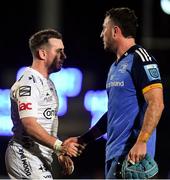 18 February 2023; JJ Hanrahan of Dragons and Will Connors of Leinster after the United Rugby Championship match between Leinster and Dragons at RDS Arena in Dublin. Photo by Tyler Miller/Sportsfile