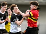 20 February 2023; Danny Killeen of CBC Monkstown is tackled by Tadhg Brophy of Newbridge College during the Bank of Ireland Leinster Rugby Schools Senior Cup Quarter Final match between CBC Monkstown and Newbridge College at Energia Park in Dublin. Photo by Harry Murphy/Sportsfile