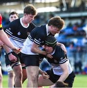 20 February 2023; Shane Davitt of Newbridge College celebrates with teammate Tadhg Brophy after scoring his side's third try during the Bank of Ireland Leinster Rugby Schools Senior Cup Quarter Final match between CBC Monkstown and Newbridge College at Energia Park in Dublin. Photo by Harry Murphy/Sportsfile