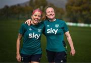 20 February 2023; Denise O'Sullivan, left, and Amber Barrett during a Republic of Ireland women training session at Dama de Noche Football Center in Marbella, Spain. Photo by Stephen McCarthy/Sportsfile
