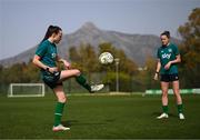 20 February 2023; Áine O'Gorman, left, and Heather Payne during a Republic of Ireland women training session at Dama de Noche Football Center in Marbella, Spain. Photo by Stephen McCarthy/Sportsfile