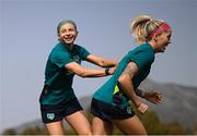 20 February 2023; Denise O'Sullivan, right, and Hayley Nolan during a Republic of Ireland women training session at Dama de Noche Football Center in Marbella, Spain. Photo by Stephen McCarthy/Sportsfile
