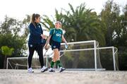 20 February 2023; Denise O'Sullivan, right, and goalkeeper Grace Moloney arrive for a Republic of Ireland women training session at Dama de Noche Football Center in Marbella, Spain. Photo by Stephen McCarthy/Sportsfile