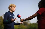20 February 2023; Manager Vera Pauw speaks to Sky Sports News reporter Jessica Creighton during a Republic of Ireland women training session at Dama de Noche Football Center in Marbella, Spain. Photo by Stephen McCarthy/Sportsfile