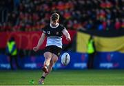 20 February 2023; Paddy Taylor of Newbridge College kicks a penalty during the Bank of Ireland Leinster Rugby Schools Senior Cup Quarter Final match between CBC Monkstown and Newbridge College at Energia Park in Dublin. Photo by Harry Murphy/Sportsfile