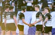 20 February 2023; Daniel Cox, 21, and Jack Dennis of Newbridge College after their side's victory in the Bank of Ireland Leinster Rugby Schools Senior Cup Quarter Final match between CBC Monkstown and Newbridge College at Energia Park in Dublin. Photo by Harry Murphy/Sportsfile