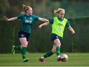 20 February 2023; Diane Caldwell and Amber Barrett, left, during a Republic of Ireland women training session at Dama de Noche Football Center in Marbella, Spain. Photo by Stephen McCarthy/Sportsfile