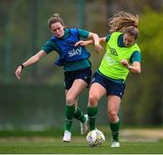 20 February 2023; Kyra Carusa and Heather Payne, left, during a Republic of Ireland women training session at Dama de Noche Football Center in Marbella, Spain. Photo by Stephen McCarthy/Sportsfile