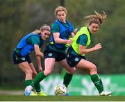 20 February 2023; Players, from left, Jamie Finn, Aoife Mannion and Kyra Carusa during a Republic of Ireland women training session at Dama de Noche Football Center in Marbella, Spain. Photo by Stephen McCarthy/Sportsfile