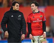 17 February 2023; Antoine Frisch and Joey Carbery of Munster after the United Rugby Championship match between Munster and Ospreys at Thomond Park in Limerick. Photo by Harry Murphy/Sportsfile