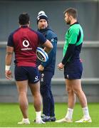 21 February 2023; Ireland assistant coach Mike Catt speaks with Bundee Aki and Ross Byrne during an Ireland rugby squad training session at the IRFU High Performance Centre at the Sport Ireland Campus in Dublin. Photo by Harry Murphy/Sportsfile