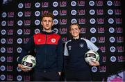 21 February 2023; Sam Curtis of St Patrick's Athletic and Jessie Stapleton of Shelbourne at the launch of the EA SPORTS LOI Academy development programme held at FAI Headquarters in Abbotstown, Dublin. Photo by Piaras Ó Mídheach/Sportsfile