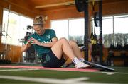 21 February 2023; Diane Caldwell does some preventative rehab work before a Republic of Ireland women training session at Dama de Noche Football Center in Marbella, Spain. Photo by Stephen McCarthy/Sportsfile