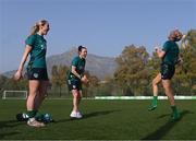 21 February 2023; Players, from left, Megan Connolly, Áine O'Gorman and Denise O'Sullivan perform Irish dancing after a Republic of Ireland women training session at Dama de Noche Football Center in Marbella, Spain. Photo by Stephen McCarthy/Sportsfile