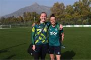 21 February 2023; Goalkeeper Courtney Brosnan and Áine O'Gorman during a Republic of Ireland women training session at Dama de Noche Football Center in Marbella, Spain. Photo by Stephen McCarthy/Sportsfile